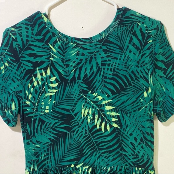 Longyuan Women's Medium Green Leaf Pattern Short Sleeve Mini Dress - Picture 8 of 14